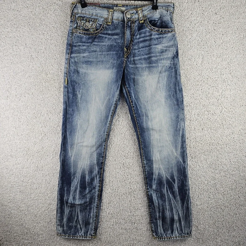 True Religion Ricky Jeans Men's Blue Relaxed Straight Acid Wash Jeans 36x33